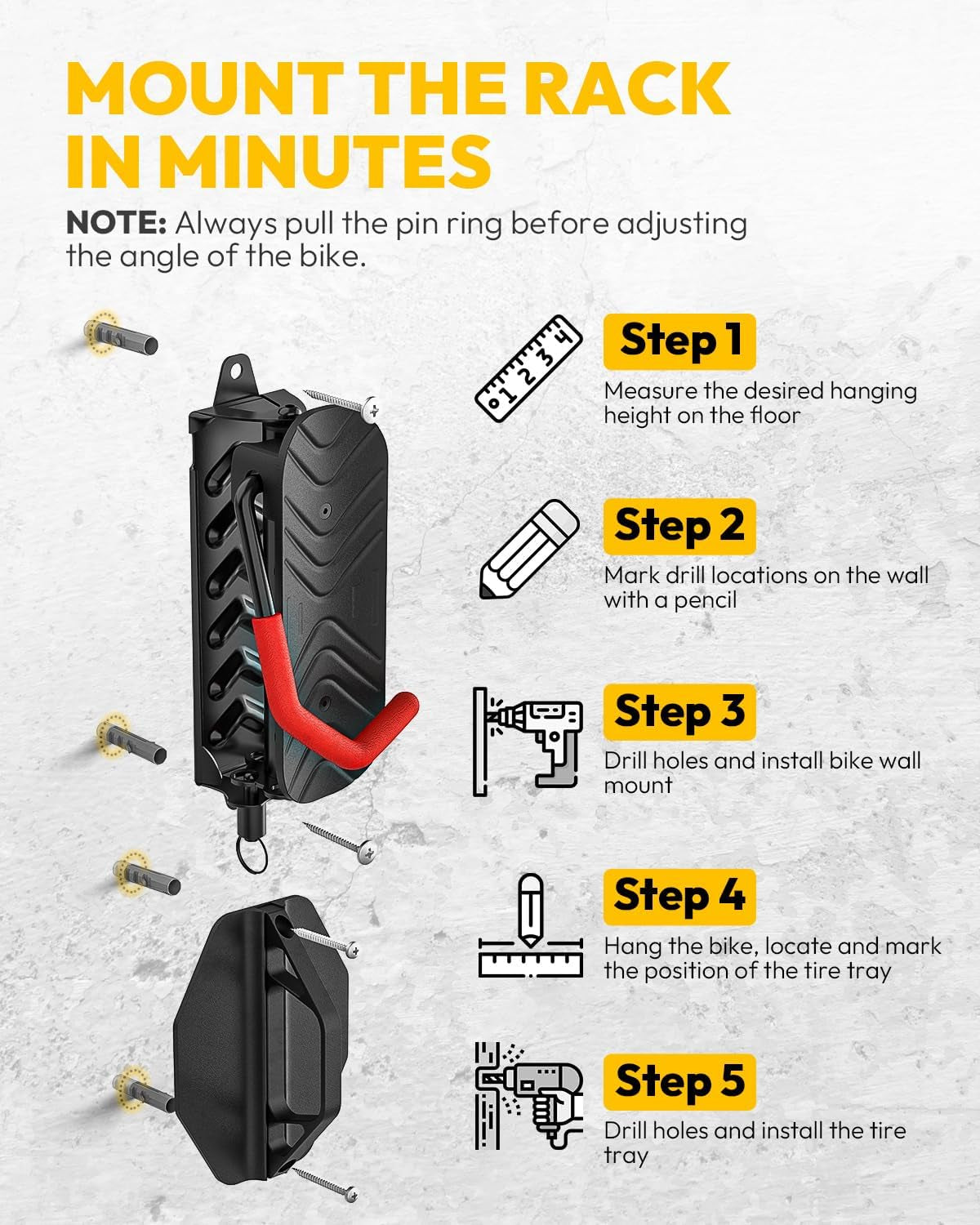 Swivel Bike Wall Mount for Indoor Bike Storage, Garage Bike Rack Wall Hanger Space Saving Vertical Bike Rack, Wall Mount Bike Hanger Holds up to 66Lbs